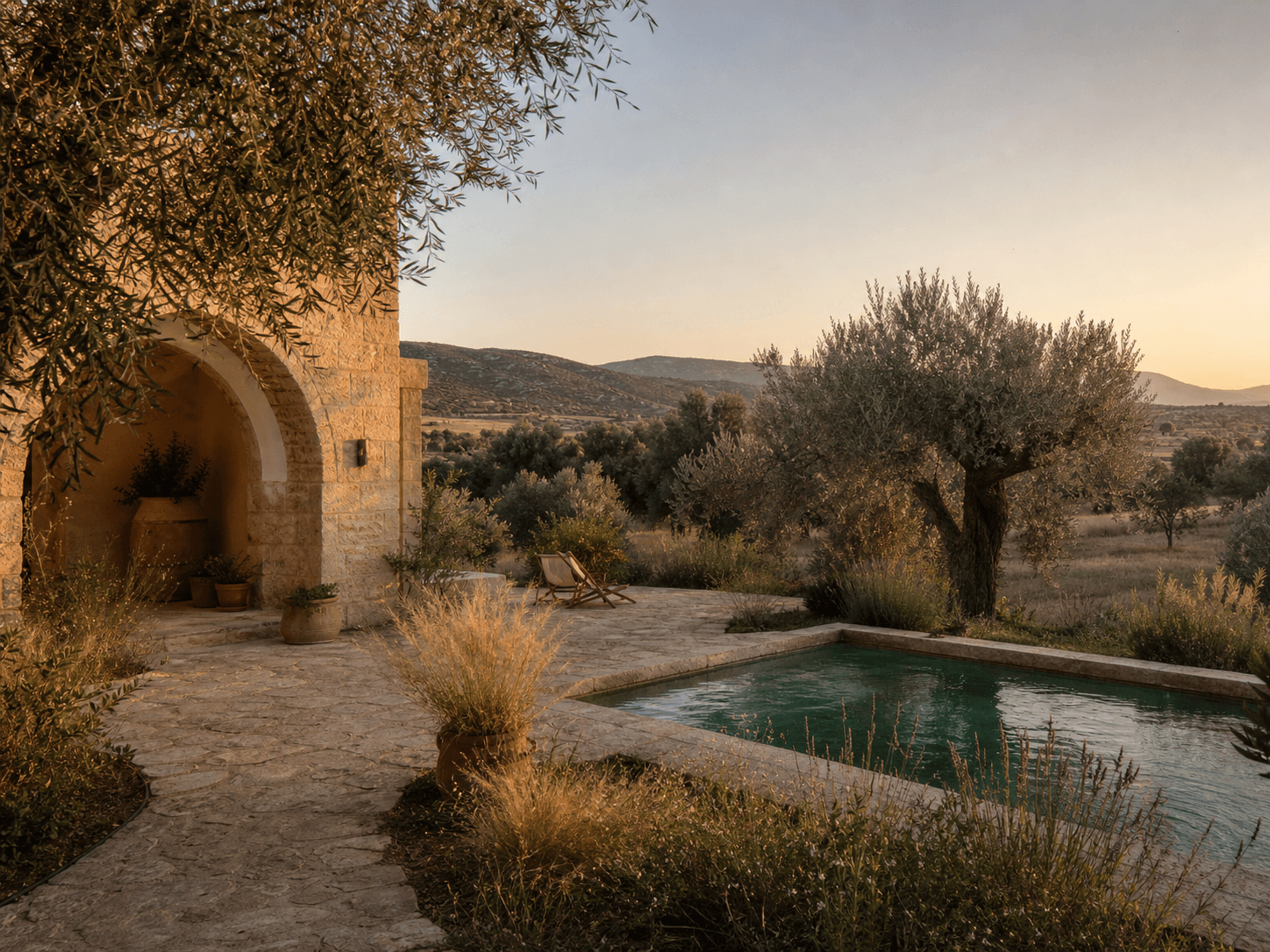 Maison tunisienne au coucher du soleil entourée d'oliviers